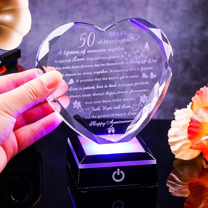 50th Wedding Anniversary Crystal Gifts for Couples Parents with Colorful LED Base Heart Romantic Happy 50th Anniversary Plaque Gift for Husband Wife 50 Years of Marriage Gifts for Her Him