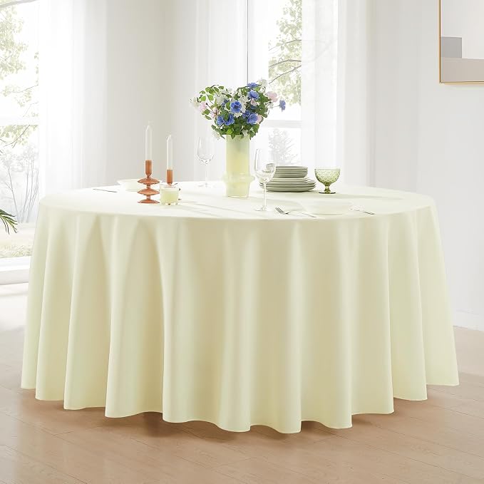 Round Tablecloth 6 Pack 108 Inch Ivory Polyester Washable Decorative Table Cover for Dining Table Banquets Buffet Parties and Wedding