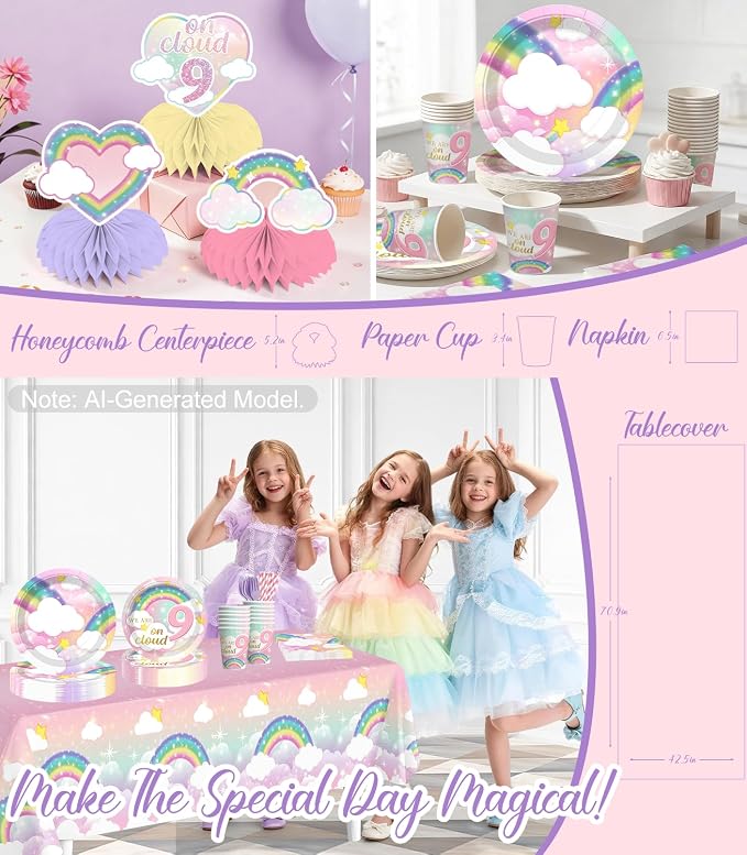 Cocomigo 303pcs On Cloud 9 Birthday Decorations for Girls, Worry-free One-stop Set for 25 Guests, with No-DIY Banner Thick Plates and Cupcake Toppers, Easy Setup for 9 Year Old Girl Birthday
