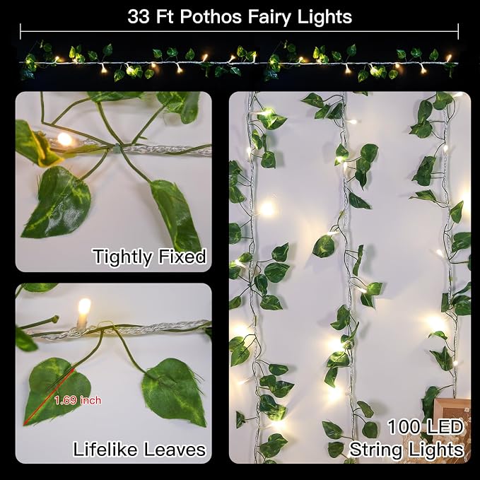 suddus Vine with Fairy Light Plug in, 33ft 100 LED Pothos String Lights Connectable with Remote, Leaf Lights for Bedroom, Room, Wall, Garden, Party, Wedding Dorm Decor (Warm White)