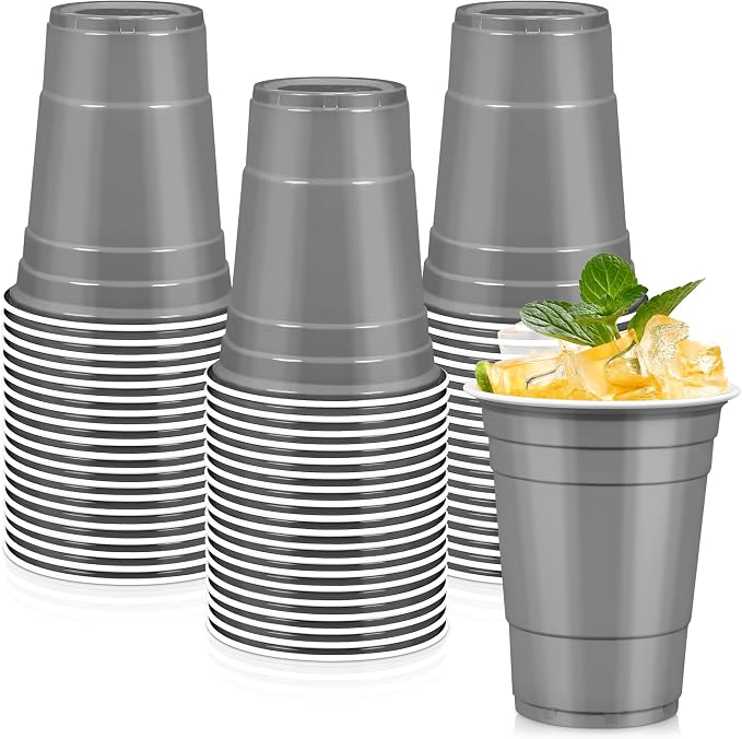 LANLISA 100 Gray Plastic Cups, 16 oz Disposable Cups, Drinking Cups For Party Supplies