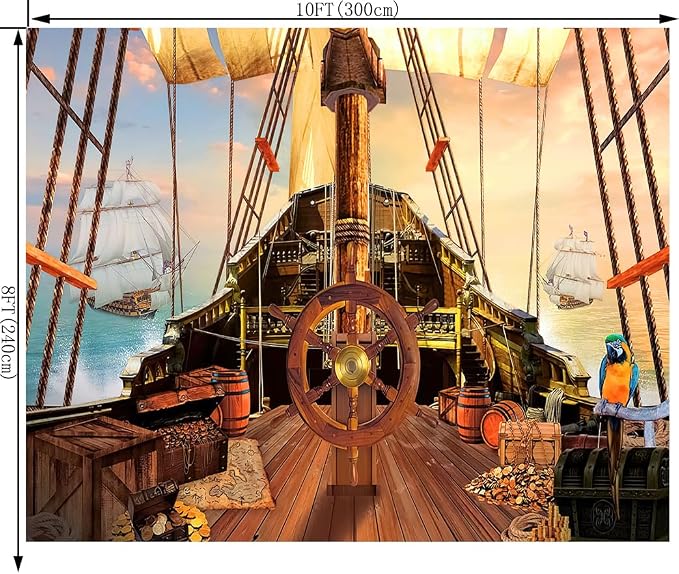 Pirate Ship Backdrop for Photography 10X8FT Nautical Treasure Map Old Wooden Deck Kids Boys Happy Birthday Supplies Baby Shower Decorations Banner Background Photo Studio Booth Props