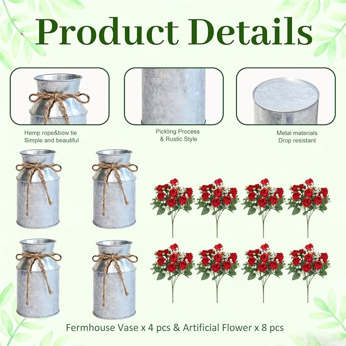 Set of 4 Wedding Flower Centerpiece for Tables Decorations, Red Artificial Roses Bouquet with Metal Vase, Faux Flower Arrangement for Party Bridal Shower Party Event (Silver Vases & Red Roses)