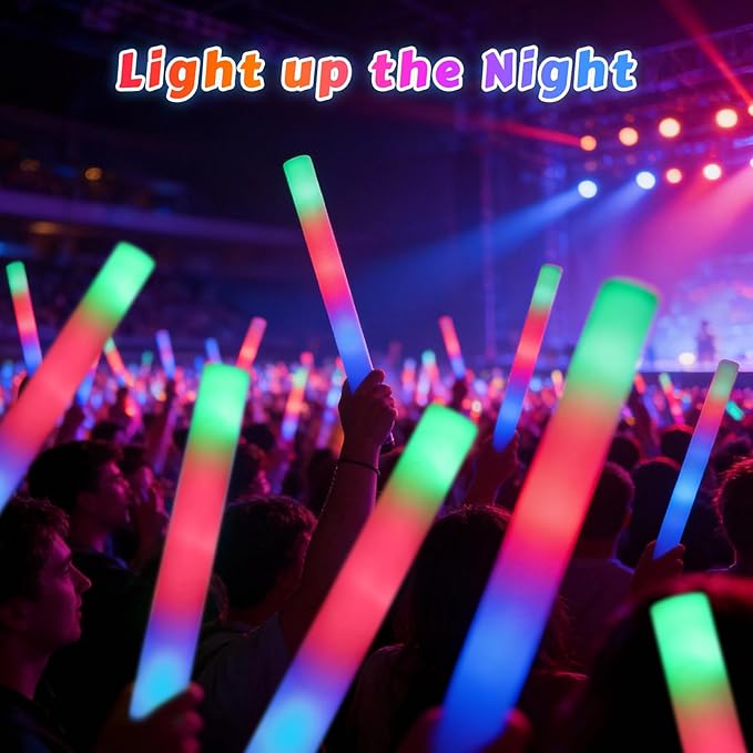 wellent 70PCS LED Foam Glow Sticks Bulk, Foam Light Up Sticks with 3 Colorful Flashing Modes, Glow in Dark Party Supplies, Party Light Sticks Pack for Wedding, Concert, New Year, Halloween, Christmas