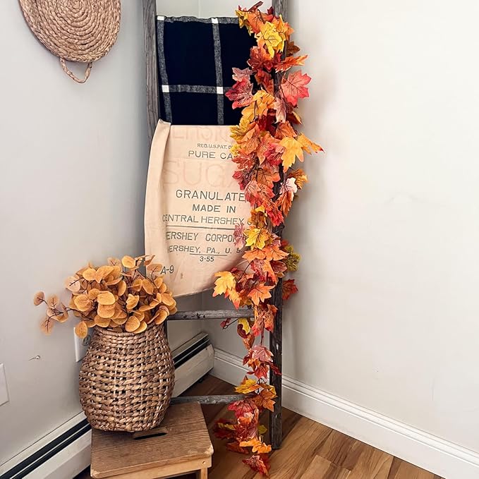 CQURE 12 Pack Fall Leaf Garland, 5.9Ft Artificial Maple Leaf Garland Fall Leaves Autumn Hanging Vines Maple Leaves Thanksgiving Decor for Home Wedding Fireplace Party