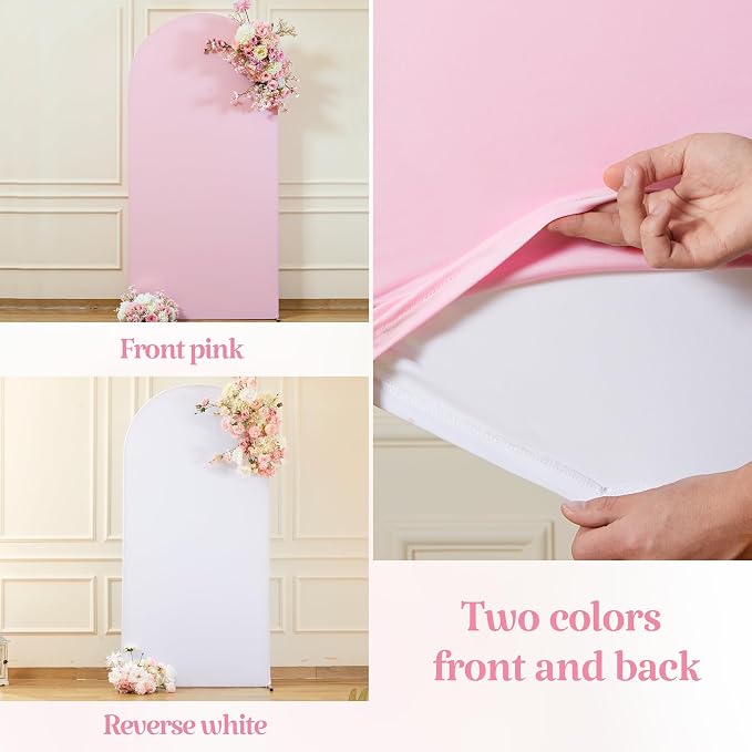 Set of 3 Arch Backdrop Covers(7.2ft, 6.6ft, 6ft) - Premium Stretchy Spandex Backdrop Arch Stand Cover for Baby Shower,Wedding,Party Decor Chiara Cover with Double-Sided Design(Pink, White)