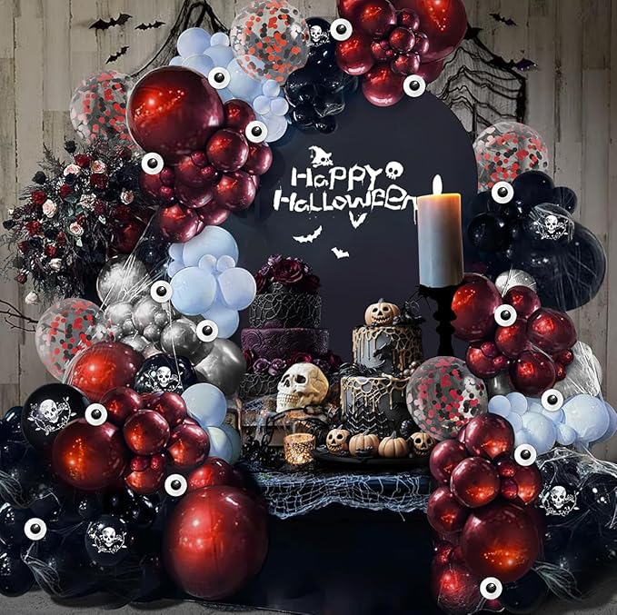 Halloween Balloon Garland Arch Kit, JZCZOEB 133Pcs Double Stuffed Red Black Blue Chrome Silver Balloons for Rose Skull Gothic Spooky Horror Theme Birthday Baby Shower Halloween Party Decorations