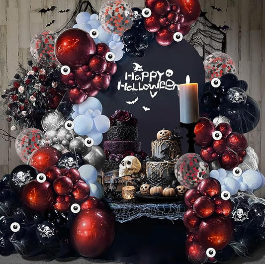 Halloween Balloon Garland Arch Kit, JZCZOEB 133Pcs Double Stuffed Red Black Blue Chrome Silver Balloons for Rose Skull Gothic Spooky Horror Theme Birthday Baby Shower Halloween Party Decorations