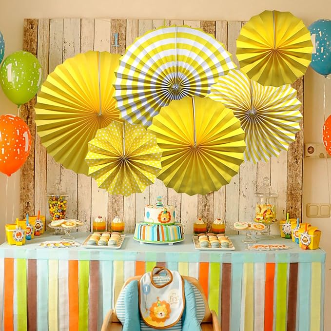 6 Pcs Yellow Paper Fans Party Decorations (16", 12", 8"), Hanging Tissue Paper Streamers for Lemonade Theme Birthday Party, Graduation, Baby Shower, Reusable Fiesta Wall Decor & Photo Backdrop