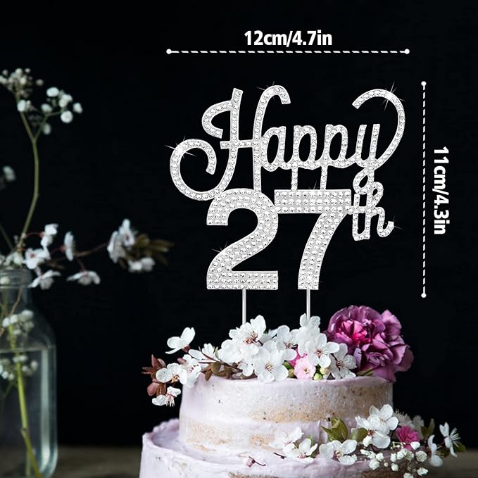 LINGTEER Happy 27th Birthday Silver Rhinestone Cake Topper - Cheers to 27th Birthday 27 Years Old Anniversary Party Cake Centerpieces Topper Decorations Gift Sign.