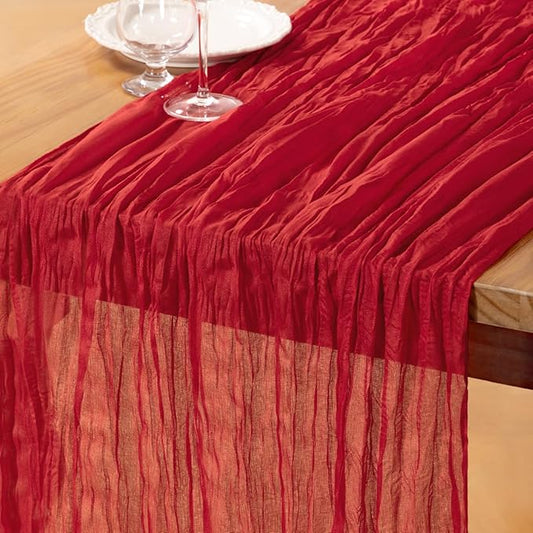 DeZerlor Red Cheesecloth Table Runner Spring Easter Table Runner Boho Gauze 120 Inches Red Cheese Cloth Table Decor for Wedding Bridal Baby Shower Parties