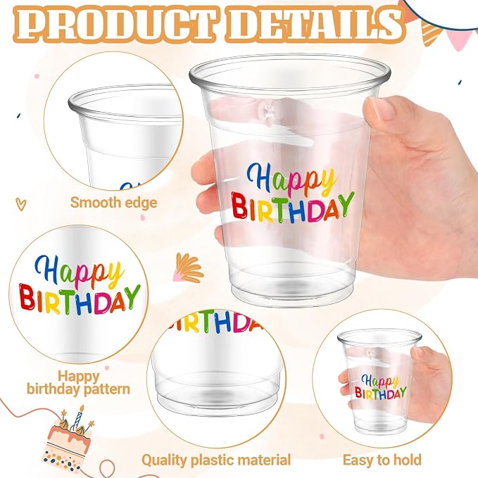 FoldTier 50 Pcs Happy Birthday Cups 12 oz Birthday Plastic Glasses Clear Disposable Cups Theme Drinking Glasses for Home Kitchen Theme Party Favors Supplies Decoration