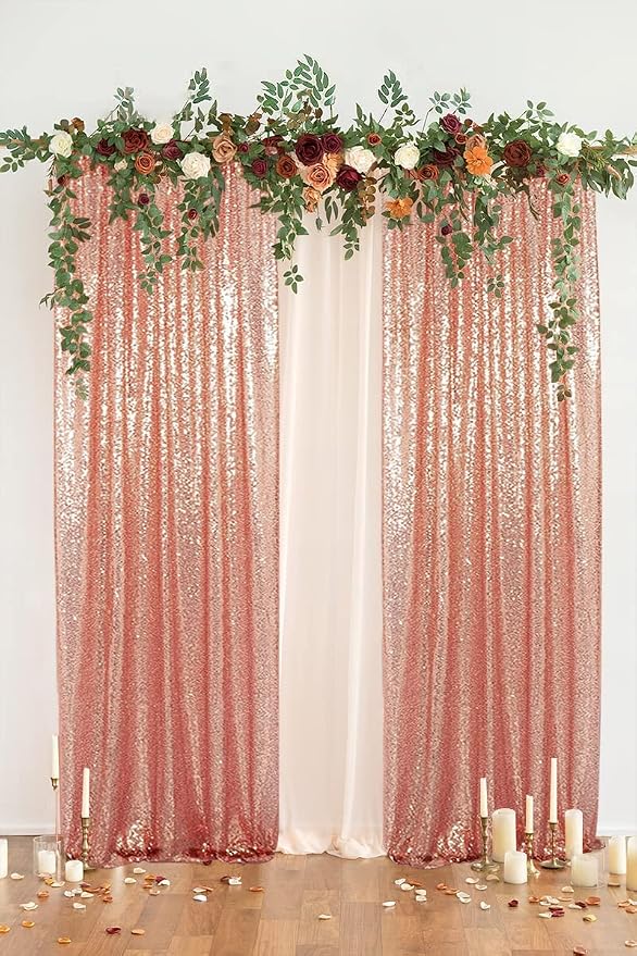 PartyDelight Rose Gold Sequin Backdrop Curtains 2x8ft 2 Panels | 3mm stitched sequin curtain with 4 inch rod pocket for 2x8ft 2 panel doorway window side drape narrow photo booth strip