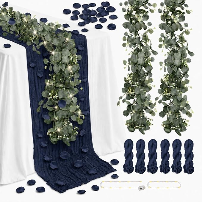 Cinrobiye 11PCS Boho Cheesecloth Table Runner Set with Rose Petals, 120'' Gauze Table Runner, Wrinkled Napkins, Eucalyptus Garland and String Lights for Wedding Baby Shower Tea Party Decorations