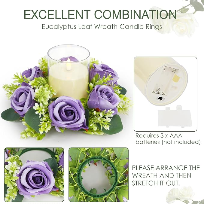 Purple Rose Candle Rings with Flameless Candles Sets - 12PCS Artificial Flower Eucalyptus Wedding Centerpiece 3 Inch Pillar Candleholders Wreaths for Wedding Party Decor (Purple - 6 Sets)