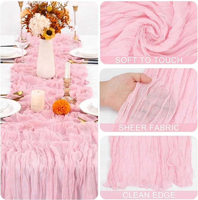 8 Pack Pink Cheesecloth Table Runner 21x120 Inch Gauze Table Runners Reusable Polyester 10ft Boho Rustic Cheese Cloth Table Runner for Wedding Party Baby Shower