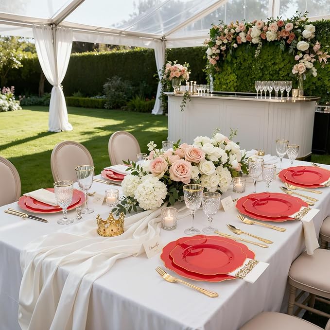NOCCUR 175PCS Red Plastic Plates with Gold Disposable Silverware - Include 50 Red Gold Plastic Plates,25 Knives,25 Forks,25 Spoons,25 Cups and 25 Napkins - Ideal for Party/Mother's Day