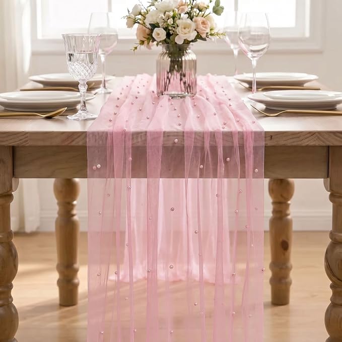 Artoid Mode Pearl Pastel Pink Gauze Table Runner 120 Inch 10FT, Seasonal Sheer Dining Holiday Wedding Birthday Baby Shower Table Decor for Home Party