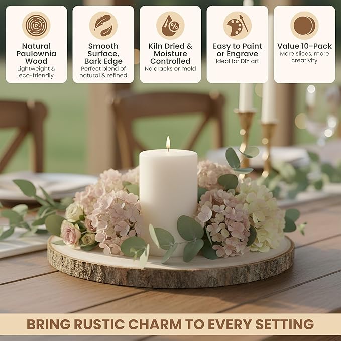 10 Pack Wood Centerpieces for Tables Natural Round Wood Slices for Rustic Wedding Decor and Table Decorations Unfinished Wooden Rounds (9–10 inch)
