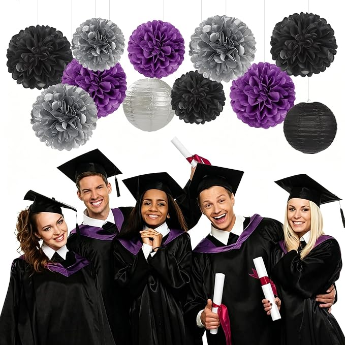 Purple-Black Silver Party-Decorations Paper-Flowers Lanterns - 15pc Lavender Birthday Graduation Tissue Pom Poms Streamers,Bachelorette Bridal Baby Shower Engagement Wedding Halloween Decor Panduola