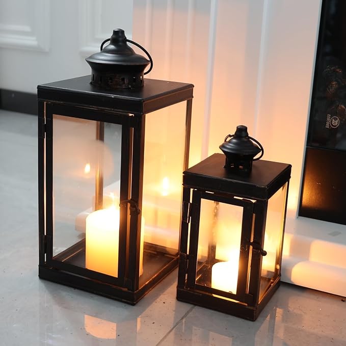 Large Lantern Decorative Outdoor & Indoor, Set of 2 (14’’&10’’) Metal Candle Lanterns Decor, Vintage Hanging Candle Holder for Front Porch Patio Wedding Farmhouse Home, Spring Decoration