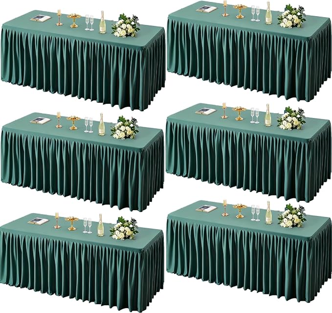 6 Pack Hunter Green Tablecloths for Rectangle Tables 8ft, Wrinkle Resistant Spandex Table Cover Fitted Stretch Table Cloth with Pleated Ruffle Skirts for Party Banquet Dining Birthday Wedding