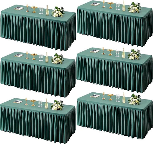 6 Pack Hunter Green Tablecloths for Rectangle Tables 8ft, Wrinkle Resistant Spandex Table Cover Fitted Stretch Table Cloth with Pleated Ruffle Skirts for Party Banquet Dining Birthday Wedding