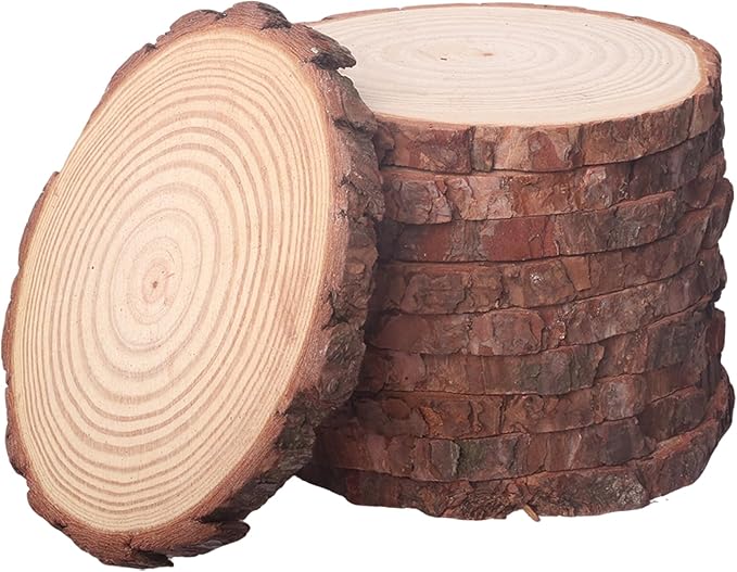 10 Pcs 6-8 Inch Unfinished Wood Slices for Centerpieces,Natural Wood Rounds for Crafts Rustic Wedding and Table Decorations,Wooden Discs with Tree Bark,Ideal for Crafts,Painting,and Holiday Decor