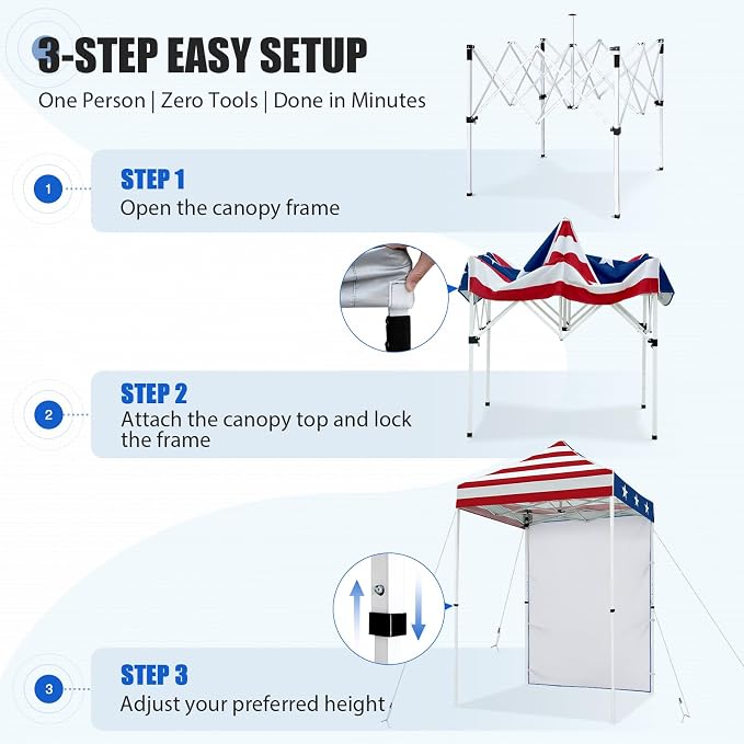 EAGLE PEAK Pop up Canopy 5x5, Outdoor Portable Canopy Tent with One Removable Sunwall, Carry Bag Included, American Flag