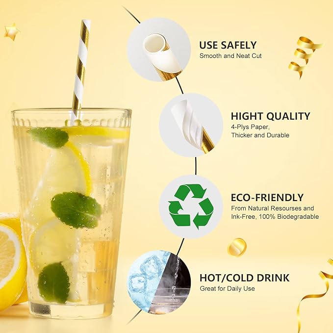 PakTalk 100 Pack Gold Paper Straws, Gold and White Striped Disposable Straws for Cake Pops Party Decoration in Birthday Baby Shower Wedding(7.75" x 0.24")
