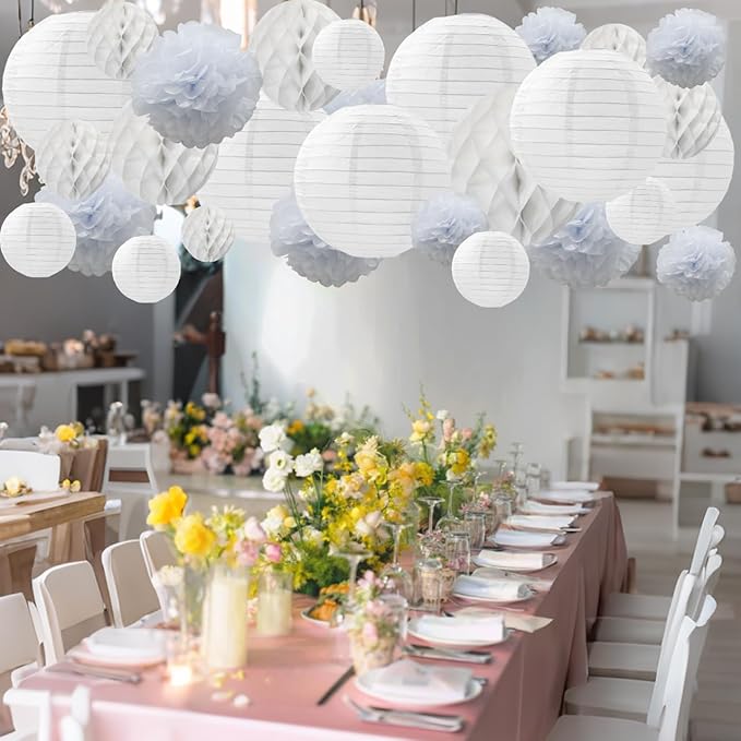 WOLHOWLTD White Paper Decoration Set - 34 Pcs Paper Lanterns, Pompoms, Honeycomb for Wedding,Halloween,School Day,Bridal Baby Shower,Birthday Party Classroom,Home Decoration(White)