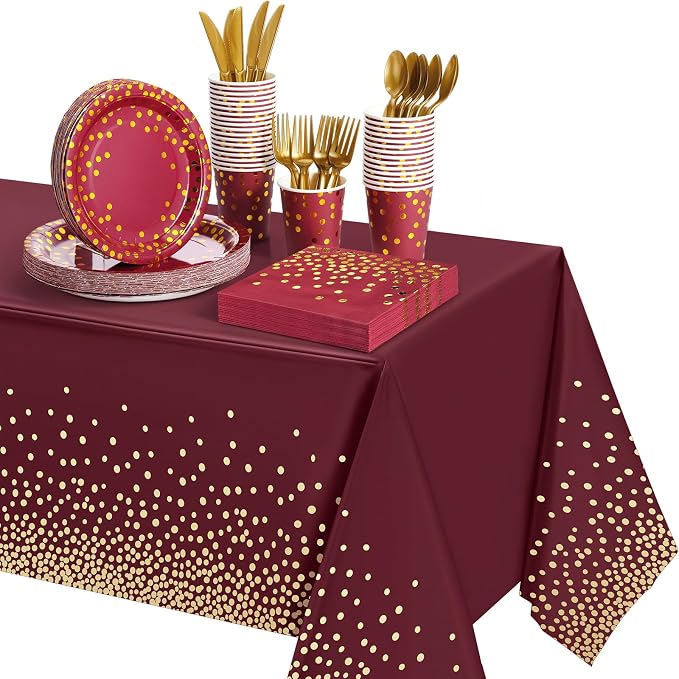 Tegeme 256 Pcs Maroon and Gold Dot Party Supplies Serve 36 Guest Burgundy Red Paper Plates Napkin Tablecloth Disposable Dinnerware Plastic Fork Knives Cup for Birthday Baby Shower Wedding Decoration