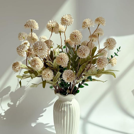 10pcs Faux Beige Kiku Flowers, 5 Heads Each Stem & 4 Branches Eucalyptus Stems, Artificial Small Mini Chrysanthemum Flowers for Aesthetic Room Decor, Floral Arrangements Centerpiece