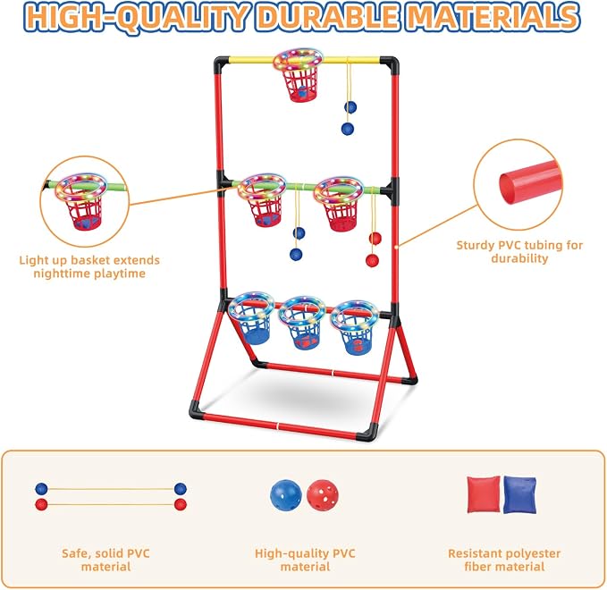 Backyard Lawn Games for Adults Kids - 3-in-1 Yard Pong with 6 Light Up Basket, Ladder Ball and Bean Bag Toss Game - Outdoor Yard Tailgate Game for Family Parties