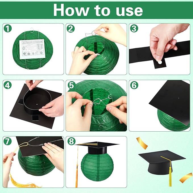 Gilprop 15 Pcs Black and Green Graduation Decoration 2026 Paper Lanterns Graduation Party Decorations Hanging Round Paper Lanterns with Black Grad Hat Tassel for Congratulation Grad Decorations