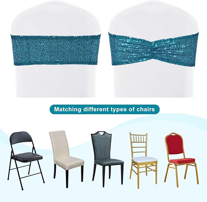 SquarePie Pack of 20 Sequin Chair Sashes Glitter Teal Bows Bands for Wedding Banquet Party Decor