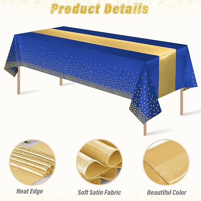 24 Pack Blue and Gold Tablecloth and Table Runner Party Decorations, Royal Blue and Gold Plastic Disposable Tablecloth and Satin Table Runner for Wedding Birthday Bridal Graduation Anniversary Party