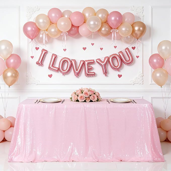 Eternal Beauty Pink Tablecloth, 60x102 Inch Sequin Rectangle Table Cover for Mother's Day Cake Dessert Exhibition Party Birthday Events