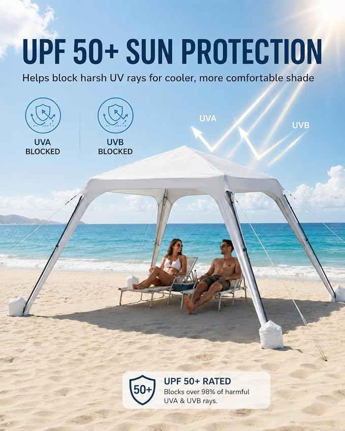 Slsy Beach Tent 10 x 10 FT, Beach Shelter with Removable Side Wall, UPF 50+ Canopy Cabana for Sun Protection, Easy Setup Shade with Sandbags, Stakes & Guy Lines, Wind Resistant, Fits 6 People