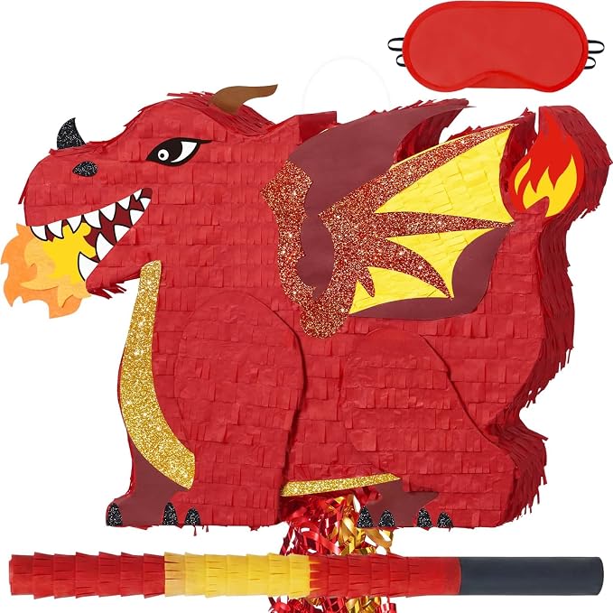 WERNNSAI Red Dragon Piñata - Dino Themed Piñata with Pull String, Stick and Blindfold, Piñata for Dragon Birthday Party Decorations Carnivals Games Supplies Summer Party (16.5"x12.4"x3")