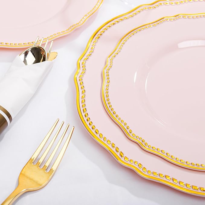 Hioasis 175pcs Pink and Gold Plastic Plates - Pink Plastic Dinnerware Set Includes 25 Dinner Plates, 25 Dessert Dinnerware, 25 Cups, 25 Napkins Perfect for Wedding & Easter & Mother’s Day