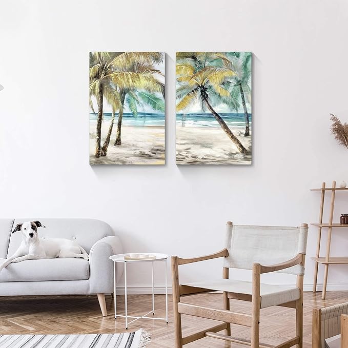 SunFlax Coastal Beach Canvas Wall Art: Palm Trees Picture Tropical Ocean Scene Artwork Abstract Seascape Painting Prints for Modern Living Room Bathroom Bedroom