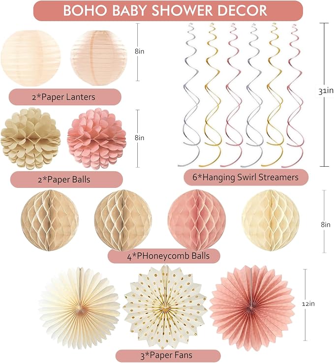 Dusty Pink Boho Baby Shower Party-Decorations Beige Champagne Girl Welcome Baby Banner Décor With Honeycomb Balls Paper Flowers Lanterns Pompom Fans Hanging Swirls Tassel Garland Party Backdrop