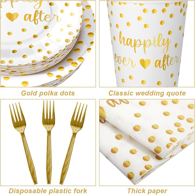 MotiMind 120 Pcs Happily Ever After Tableware Set Wedding Reception Party Table Decorations White and Gold Dot Paper Plates Cups Napkins Forks for 24 Guests Wedding Bridal Shower Engagement Party