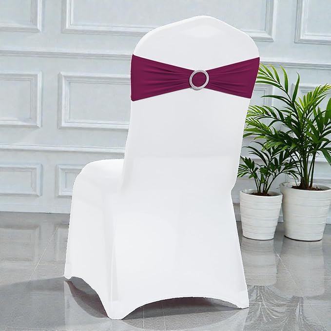 VDS - Eggplant | Spandex Chair Sashes Bows | 300 PCS | Stretch Elastic Banquet Universal Folding Chair Band Tie with Silver Buckle Slider for Wedding Party Conference Celebration Event Decoration