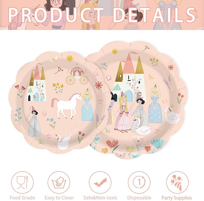250Pcs Princess Birthday Party Decorations Pink Fairytale Plates Napkins Cups Scalloped Edge Disposable Tableware Set for Girls' Princess Themed Birthday Baby Shower Party Supplies Serves 50