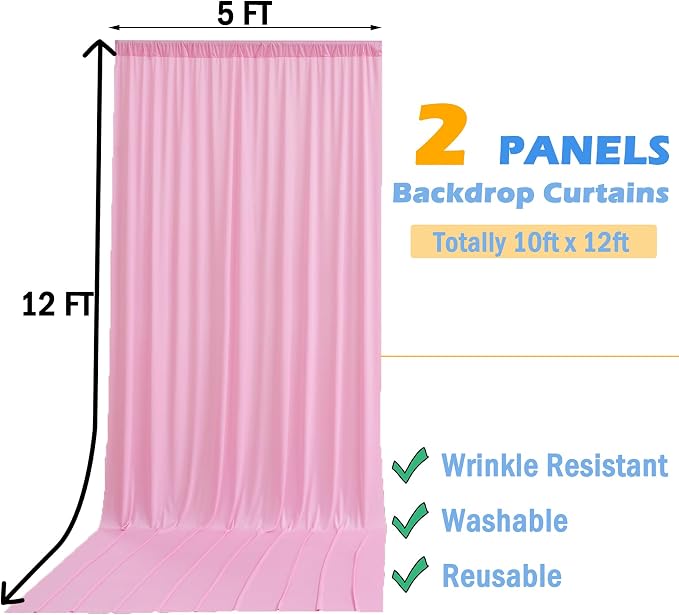 12ft x 10ft Pink Backdrop Curtains for Parties, Wrinkle Free 2 Panels Photo Backdrop Drapes Back Drop Cloth for Wedding Birthday Photography Background Decor