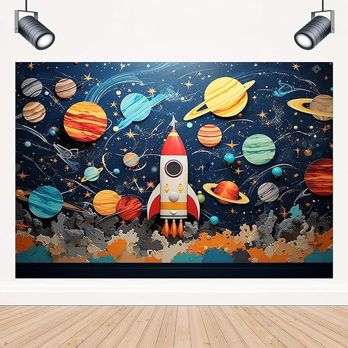 Universe Space Boy Birthday Backdrop for Photography Kids Astronaut Themed Birthday Party Decoration Children's Birthday Planet Party Background Night Sky Star Outer Space Backdrop (7X5FT)