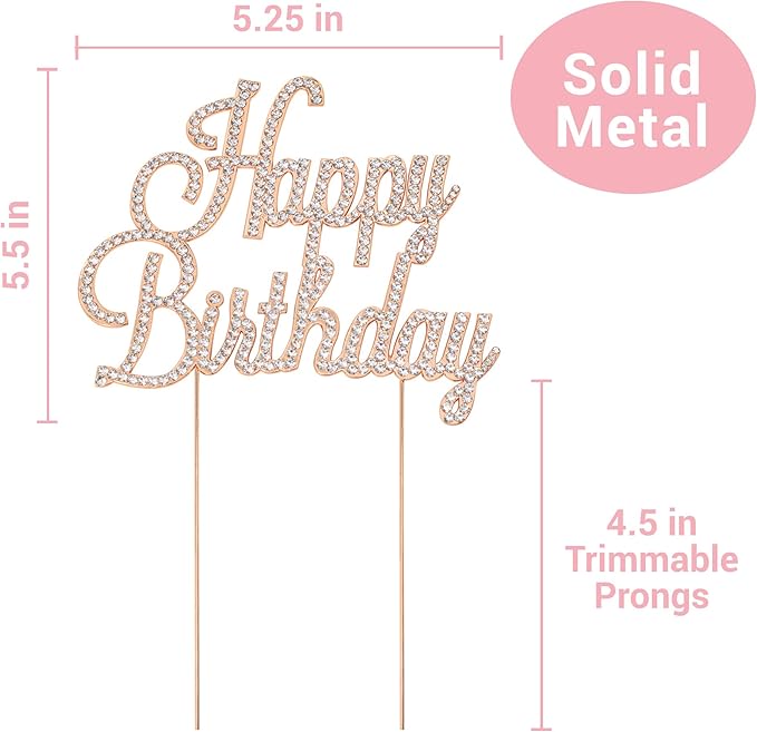 Happy Birthday Cake Topper - Premium Rose Gold Metal - Happy Birthday Party Sparkly Rhinestone Decoration Makes a Great Centerpiece - Now Protected in a Box
