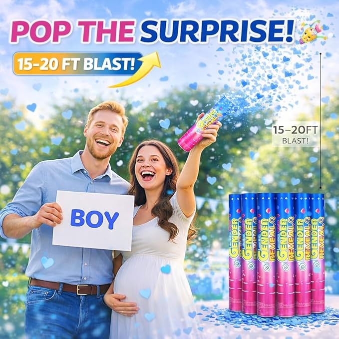 Gender Reveal Confetti Cannons – 6 Pack Blue Party Poppers – Baby Boy Gender Reveal Cannon Kit with Heart-Shaped Confetti – Easy Twist Shooters for Baby Reveal Party Decorations